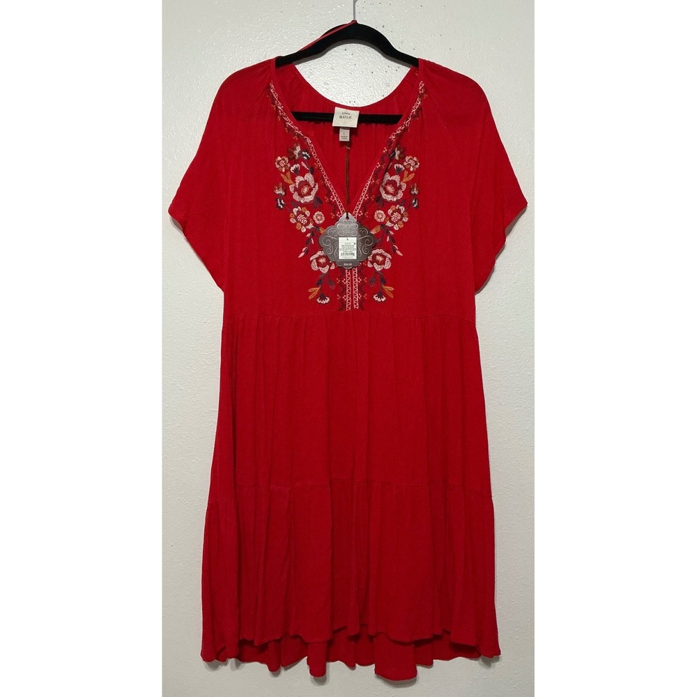 Knox Rose Boho Red Embroidered Tiered Dress Size Large Festival Cottagecore‎